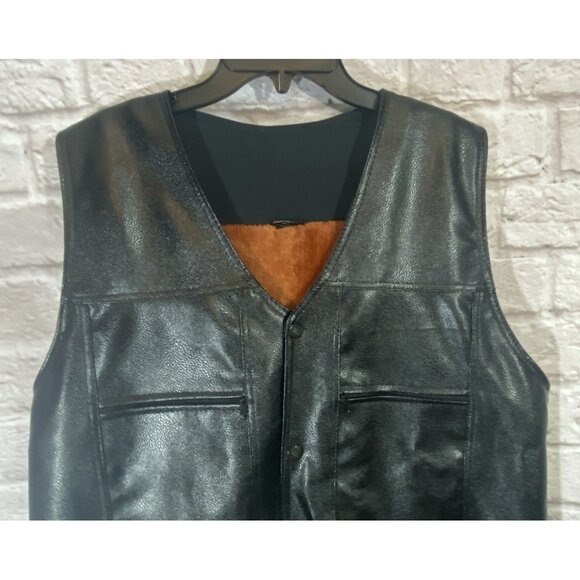 Motorcycle Vest Unisex 50 Chest Velvet Lined Black Faux Leather Pockets Snap 29 - Picture 3 of 15